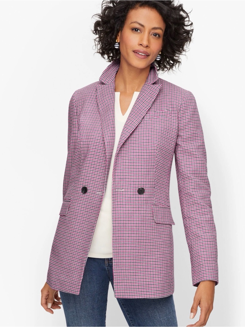 Talbots Double Breasted Houndstooth Blazer Size 16 Pink Blue Style P211019506